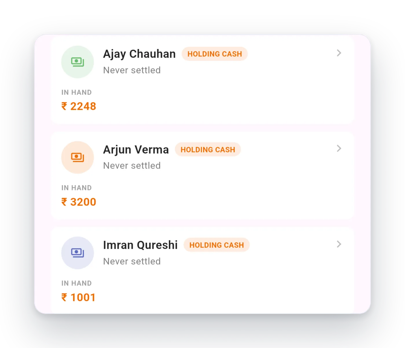 Pending settlement in Zuuvy HQ, listing staff holding unsettled cash